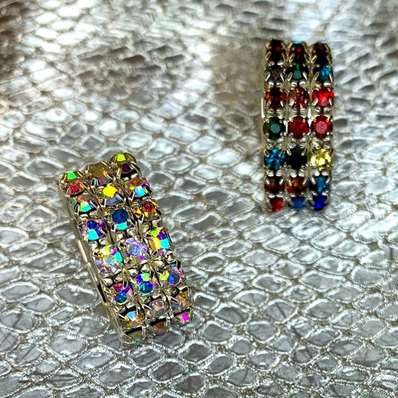 2 CRYSTAL RINGS 3 Row Stretch Clear AB and Multi Color Finger or Toe Rings NEW - Picture 3 of 3
